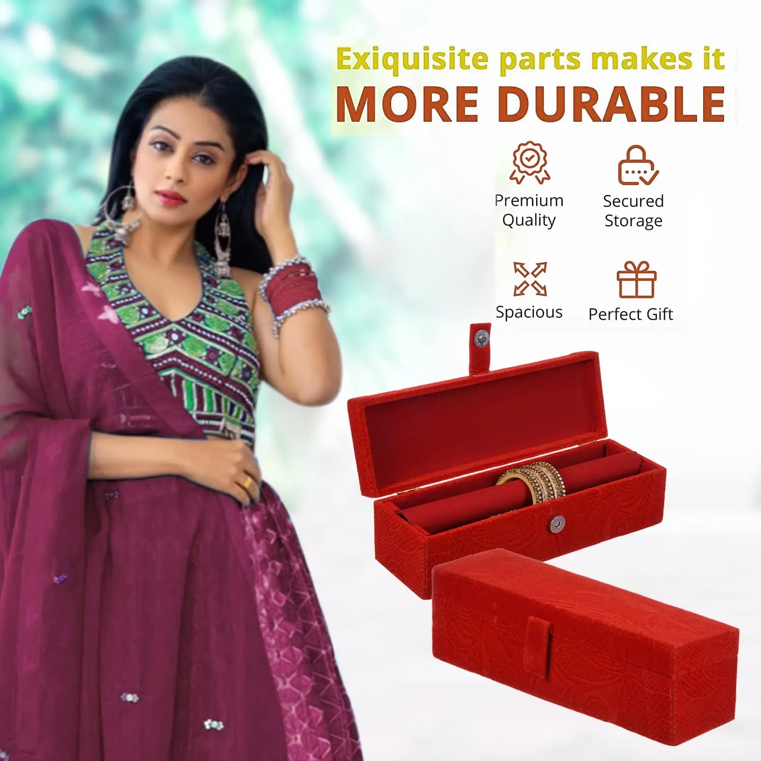 Kuber Industries Bangle Box | Velvet Jewellery Gifts Organizer | Bracelet Organizer for Women | Bangle Box for Women | Self Cut Work |1 Rod Bangle Organizer | Red