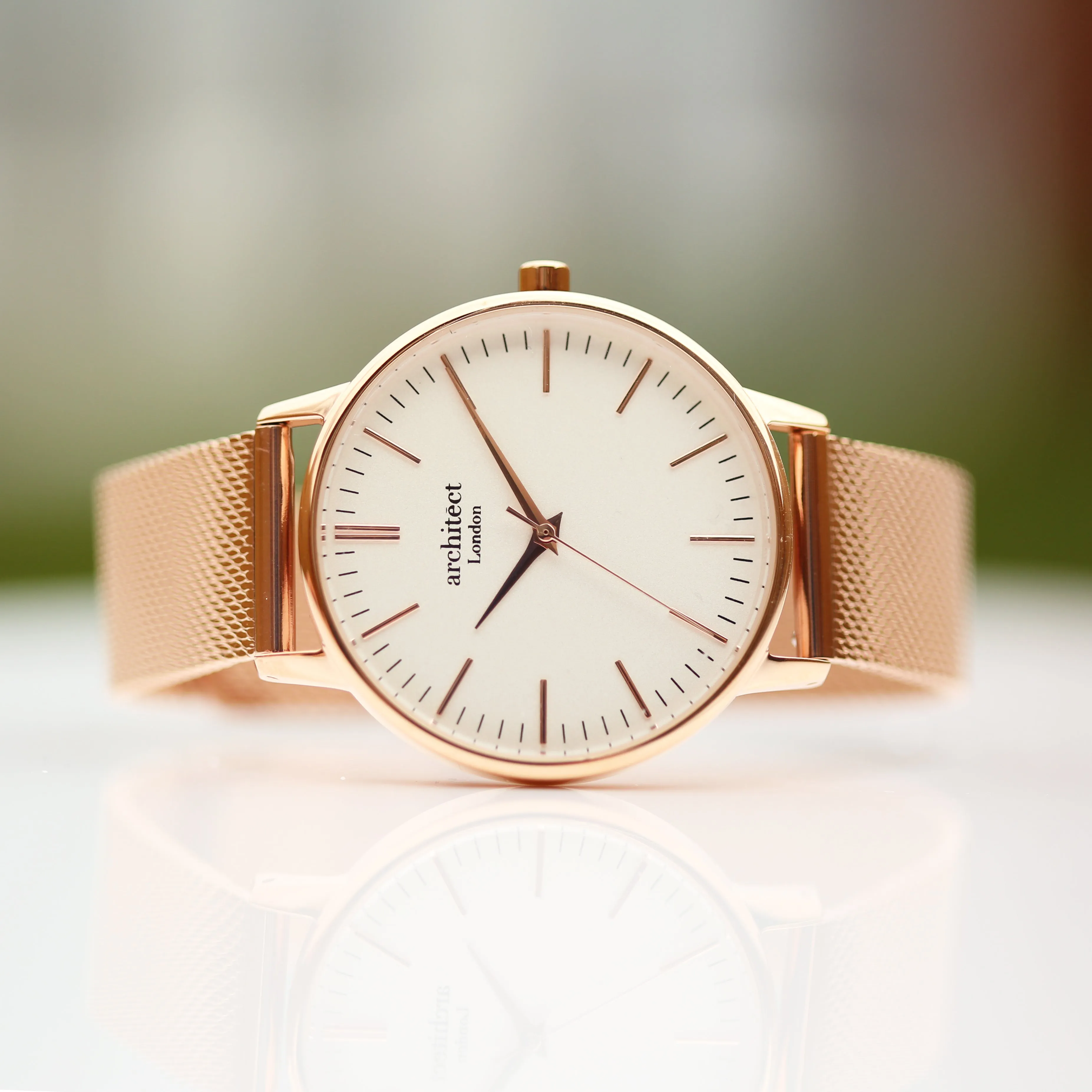 Ladies Archiect Blanc - Modern Font Engraving, Rose Gold Mesh Strap