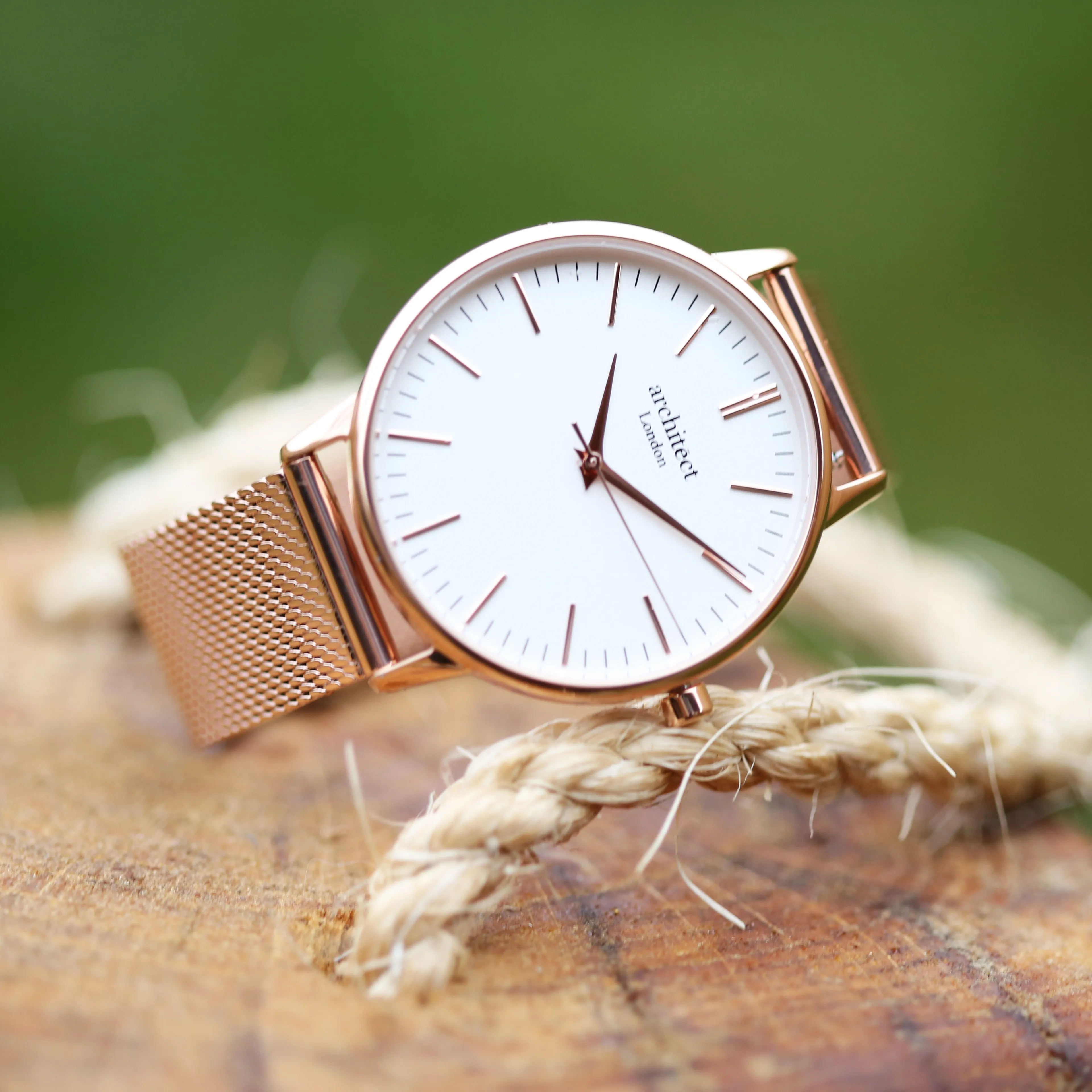 Ladies Archiect Blanc - Modern Font Engraving, Rose Gold Mesh Strap