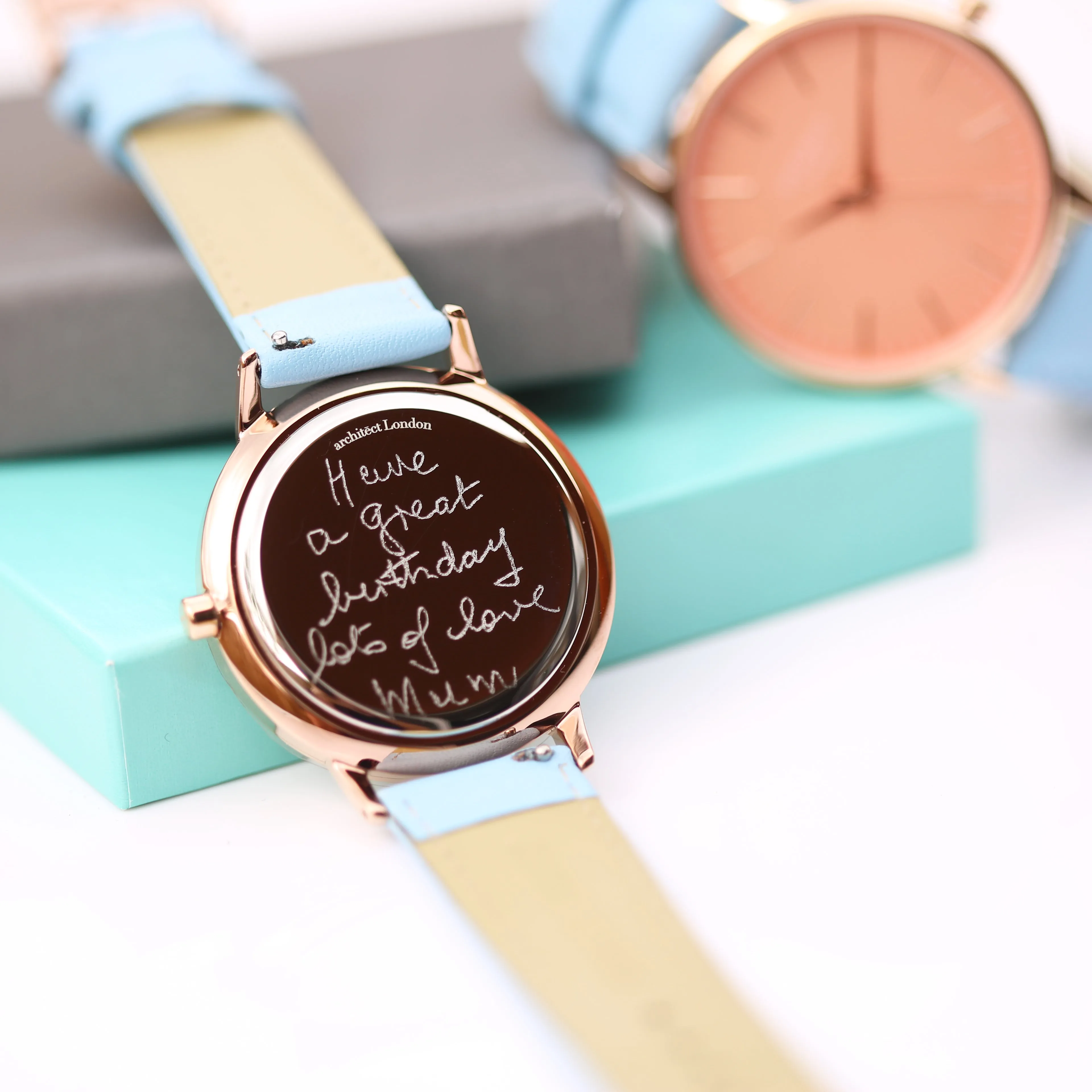 Ladies Archiect Coral - Handwriting Engraving, Light Blue Strap