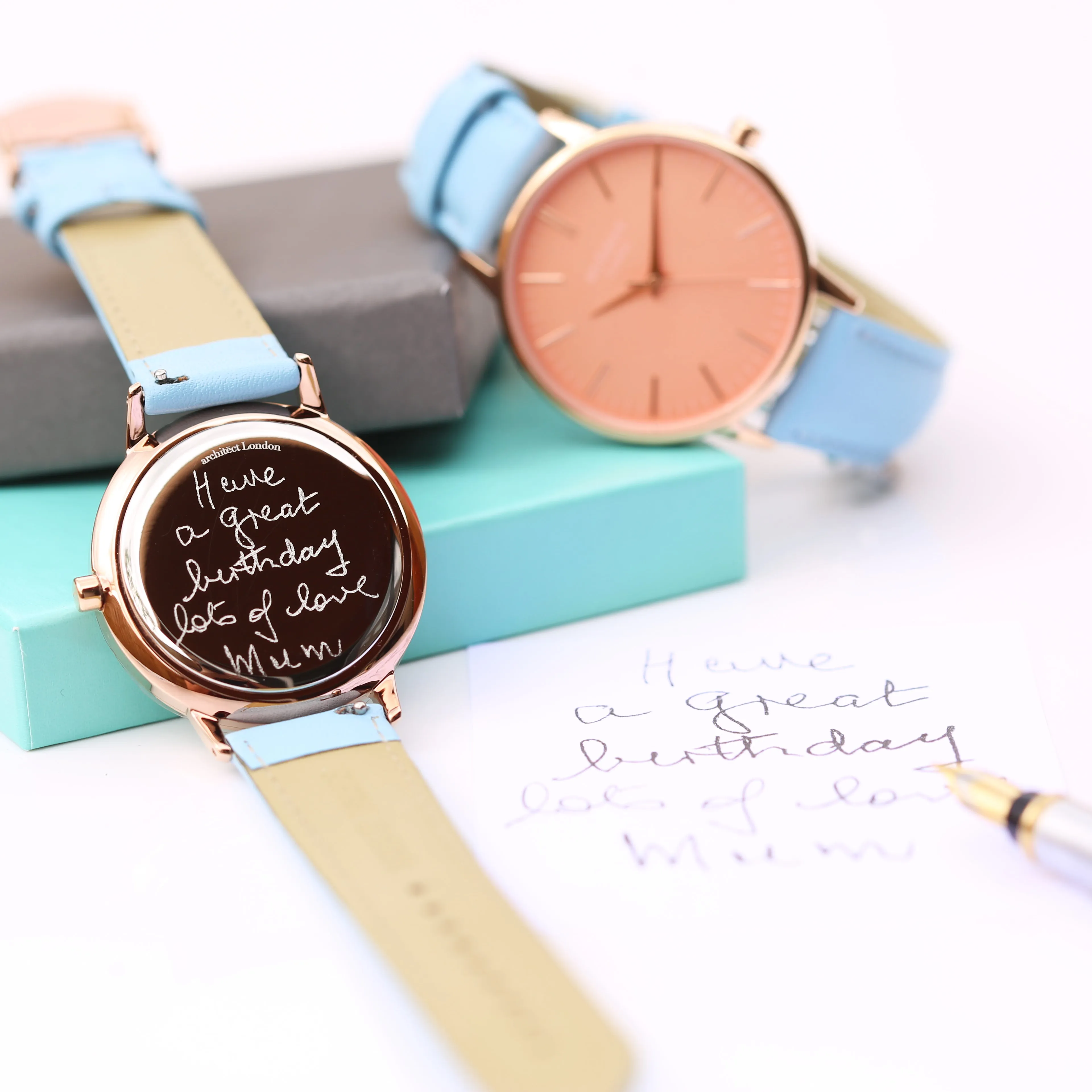 Ladies Archiect Coral - Handwriting Engraving, Light Blue Strap