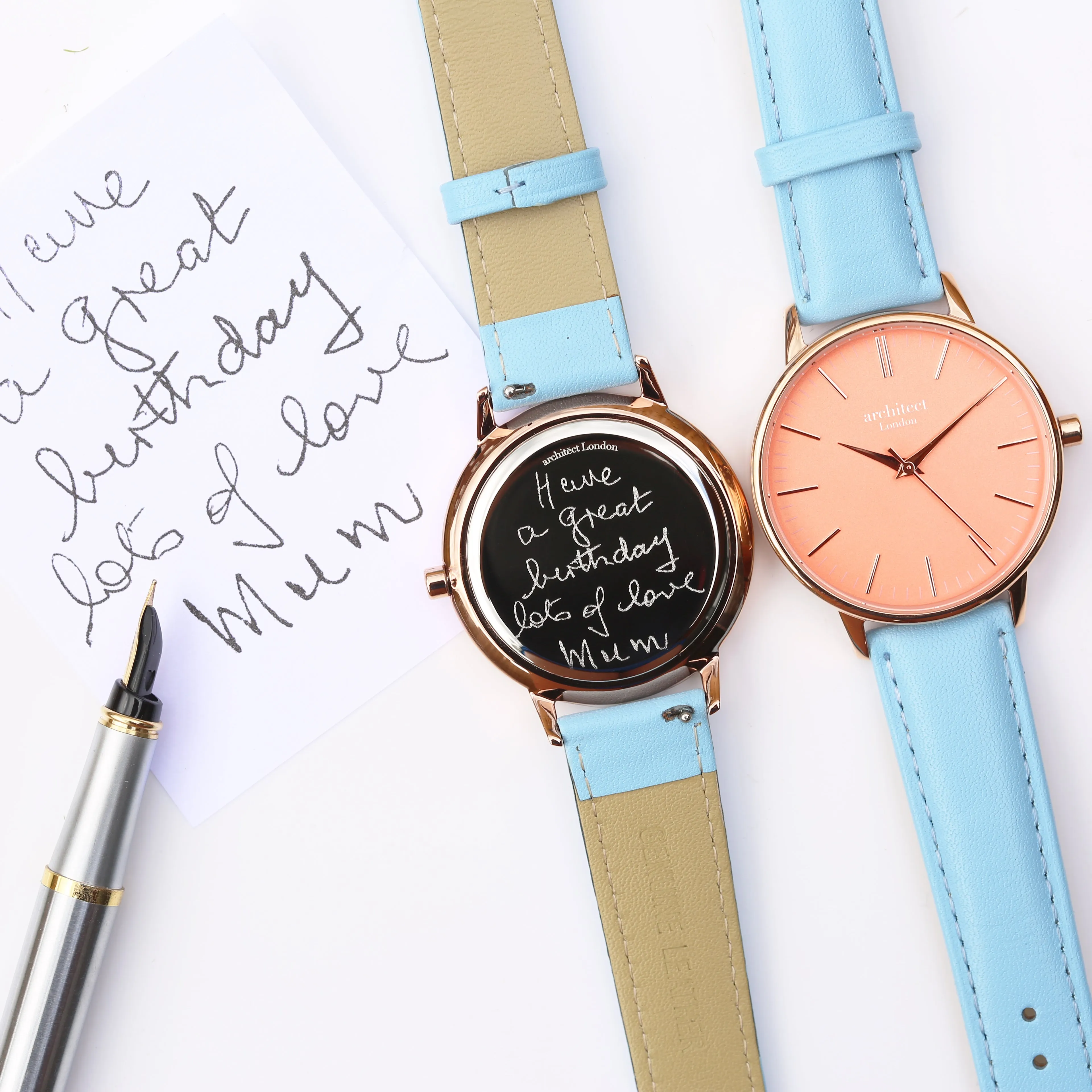 Ladies Archiect Coral - Handwriting Engraving, Light Blue Strap