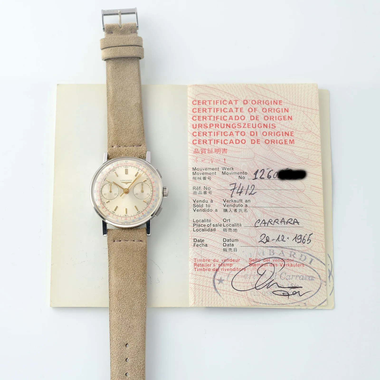 Longines 7412 Chronograph Watch 1965 Box and Papers