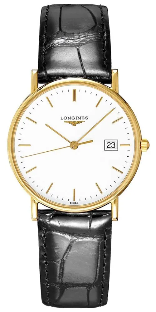 Longines Presence 18kt Gold Black Leather Strap White Dial Date Mens Watch L4.743.6.12.2