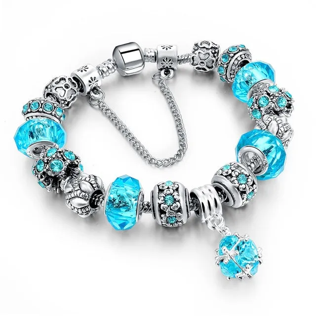 LongWay European Style Authentic Tibetan Silver Blue Crystal Charm Bracelet for Women Original DIY Beads Jewelry Christmas Gift