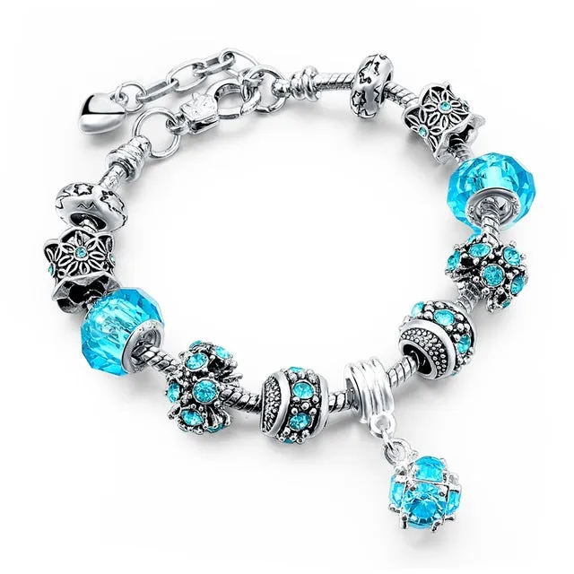 LongWay European Style Authentic Tibetan Silver Blue Crystal Charm Bracelet for Women Original DIY Beads Jewelry Christmas Gift