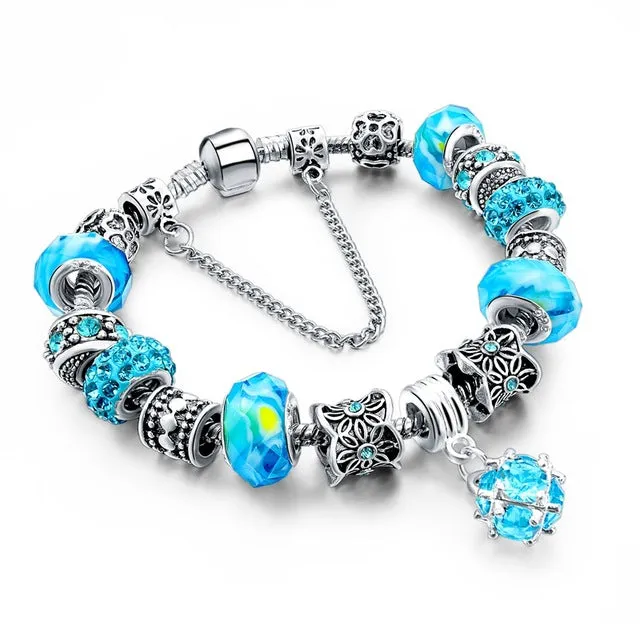 LongWay European Style Authentic Tibetan Silver Blue Crystal Charm Bracelet for Women Original DIY Beads Jewelry Christmas Gift