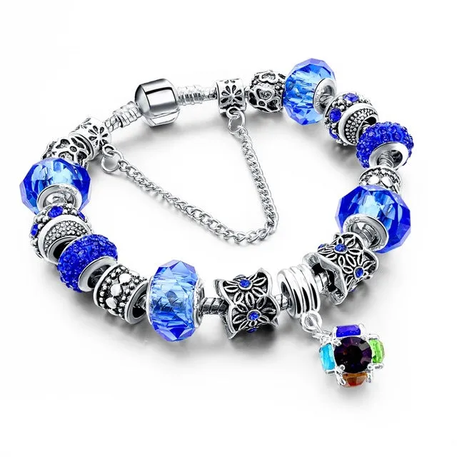 LongWay European Style Authentic Tibetan Silver Blue Crystal Charm Bracelet for Women Original DIY Beads Jewelry Christmas Gift