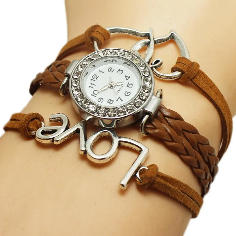 Love Woven Multi-layer Watch with Double Heart-shaped Alloy Design