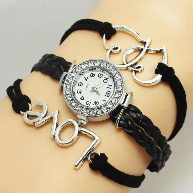 Love Woven Multi-layer Watch with Double Heart-shaped Alloy Design