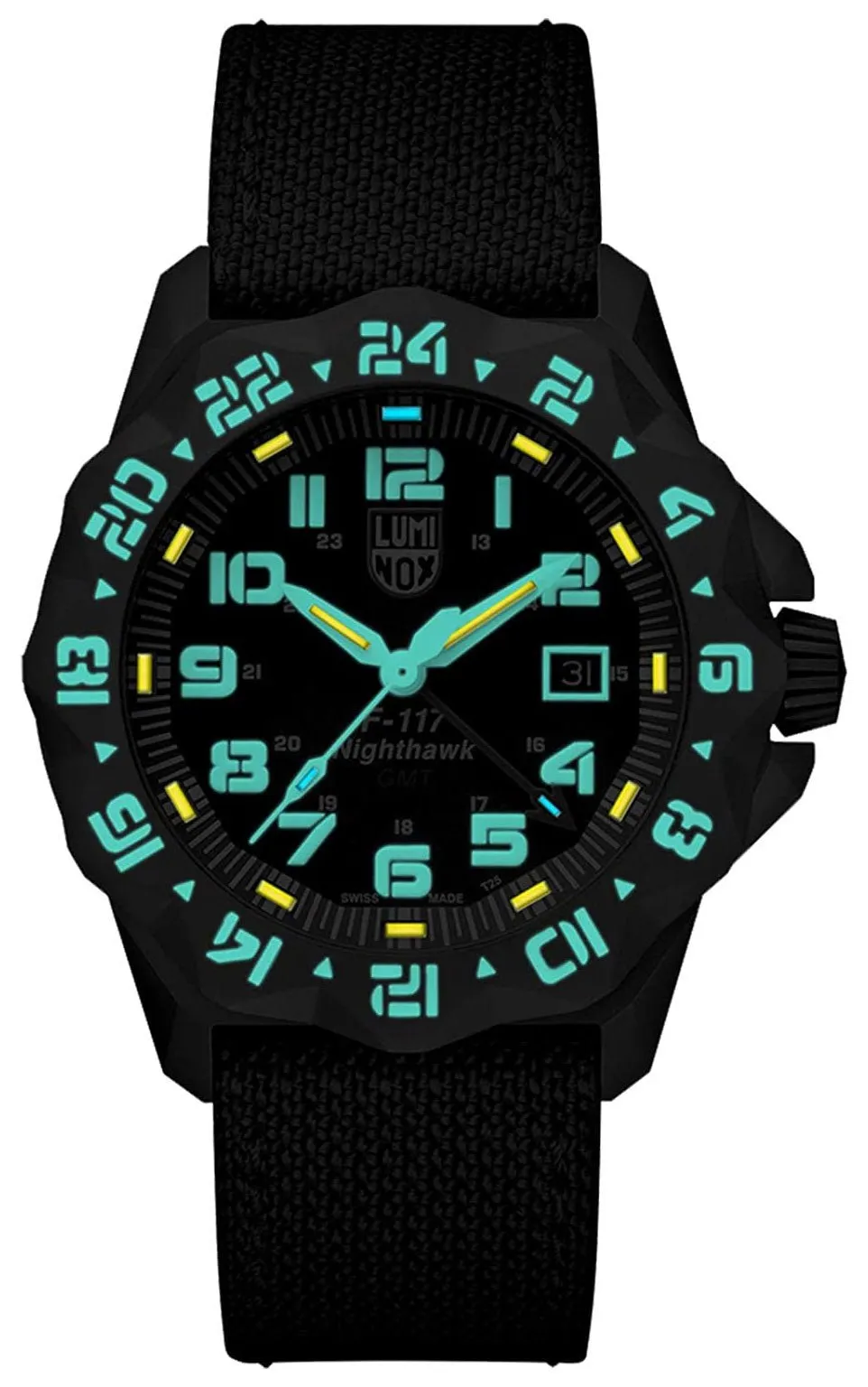 Luminox F-117 Nighthawk GMT Gunmetal PVD Steel Black Dial Black Kevlar Strap Date Divers Quartz Mens Watch XA.6421