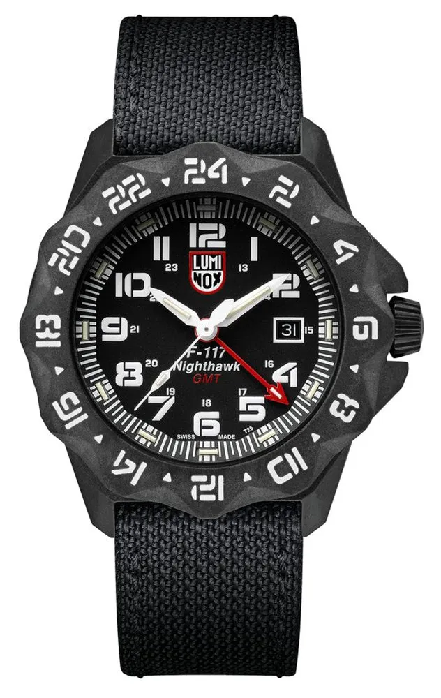 Luminox F-117 Nighthawk GMT Gunmetal PVD Steel Black Dial Black Kevlar Strap Date Divers Quartz Mens Watch XA.6421