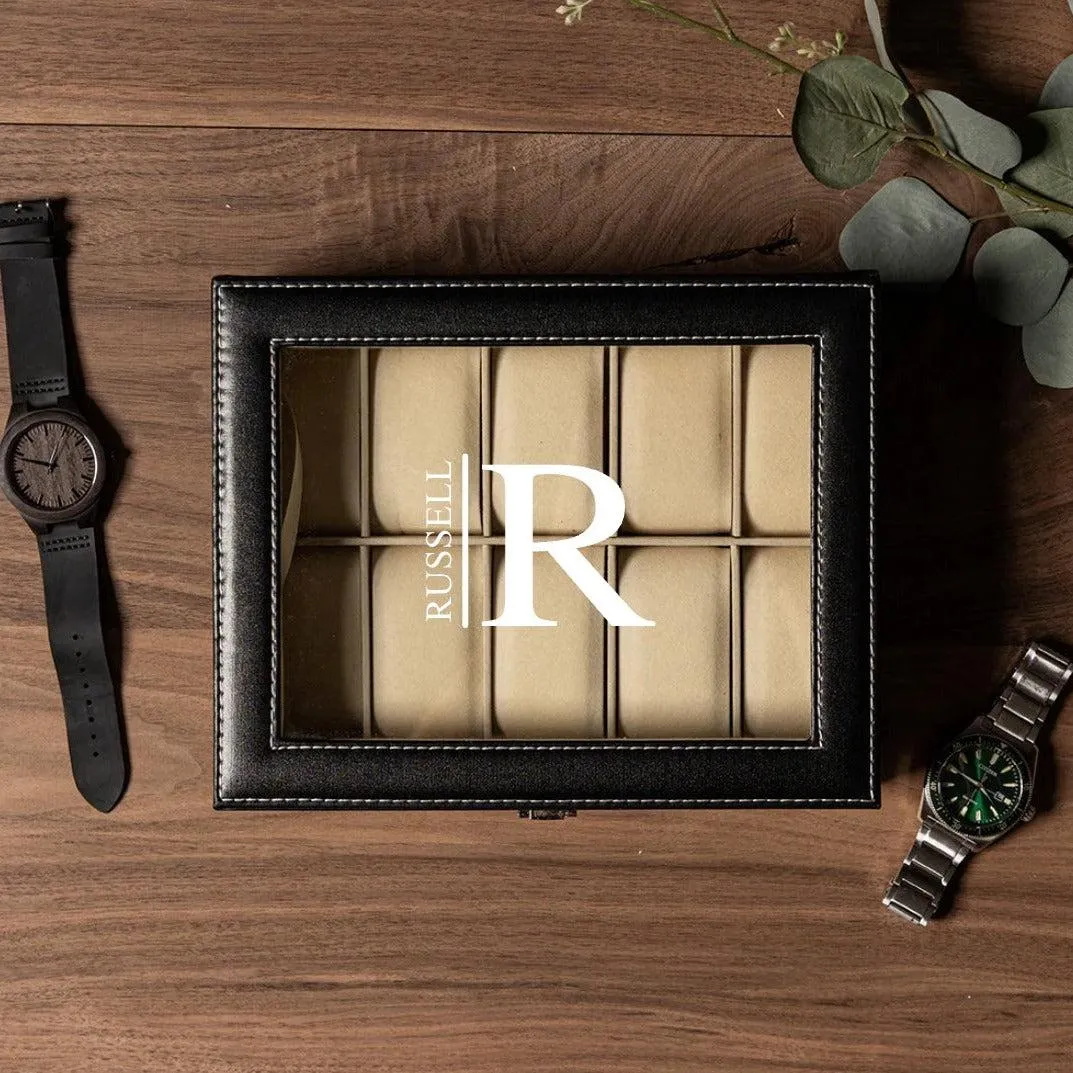 Monogrammed Watch Box - Black Leather - Holds 10 Watches