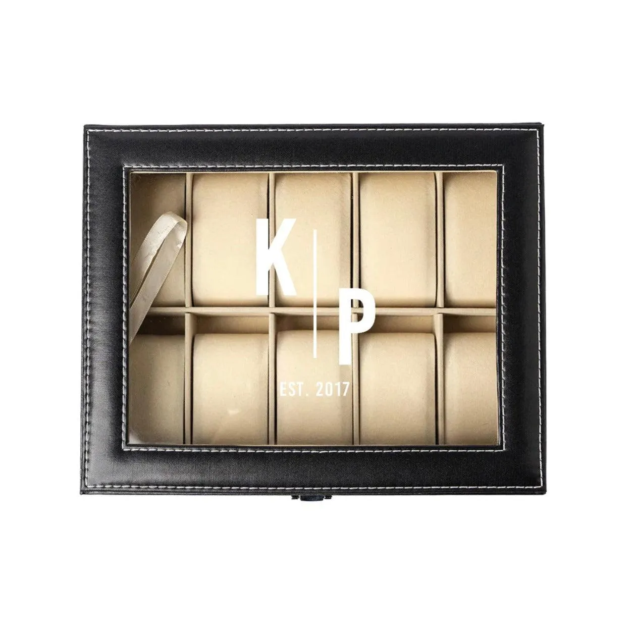 Monogrammed Watch Box - Black Leather - Holds 10 Watches