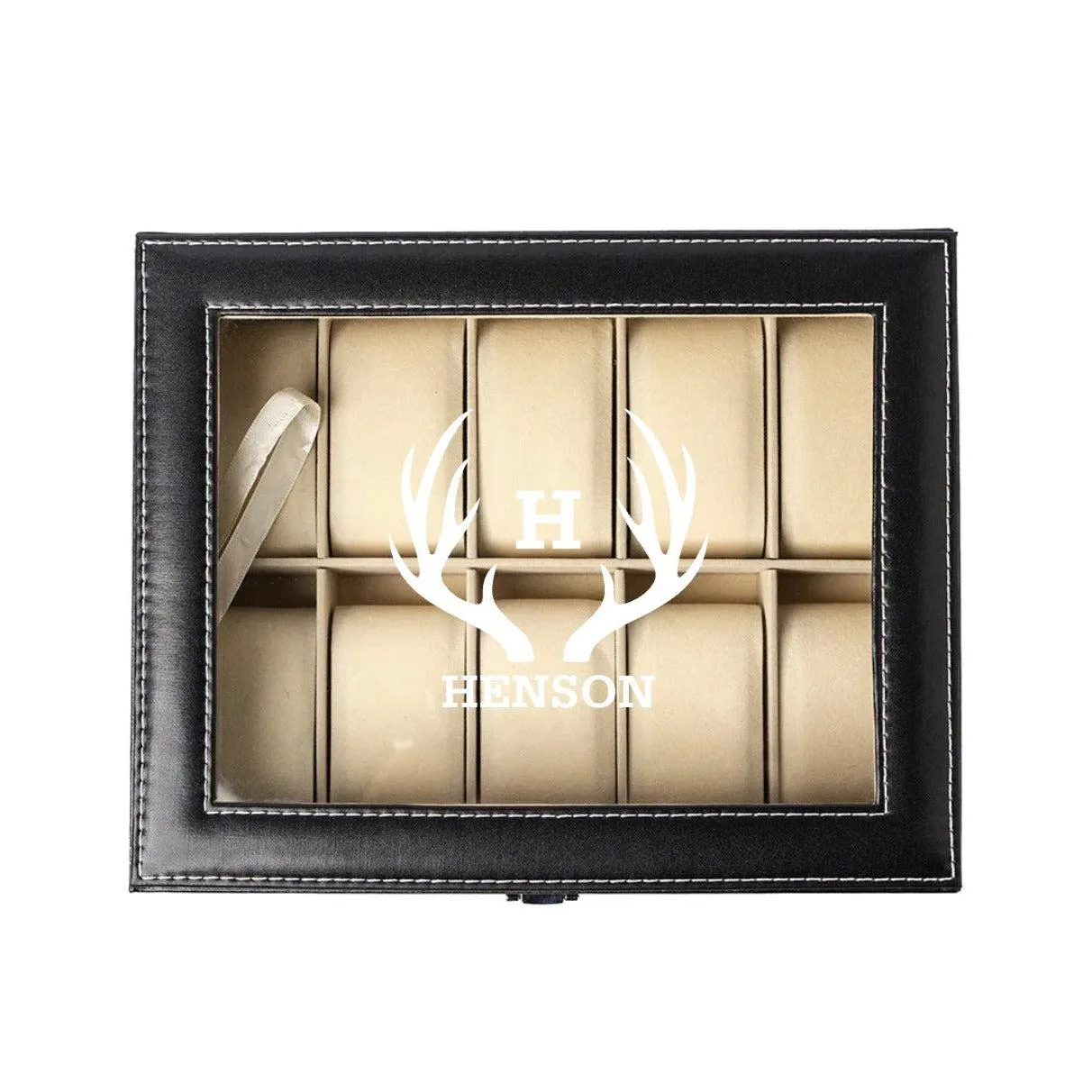 Monogrammed Watch Box - Black Leather - Holds 10 Watches