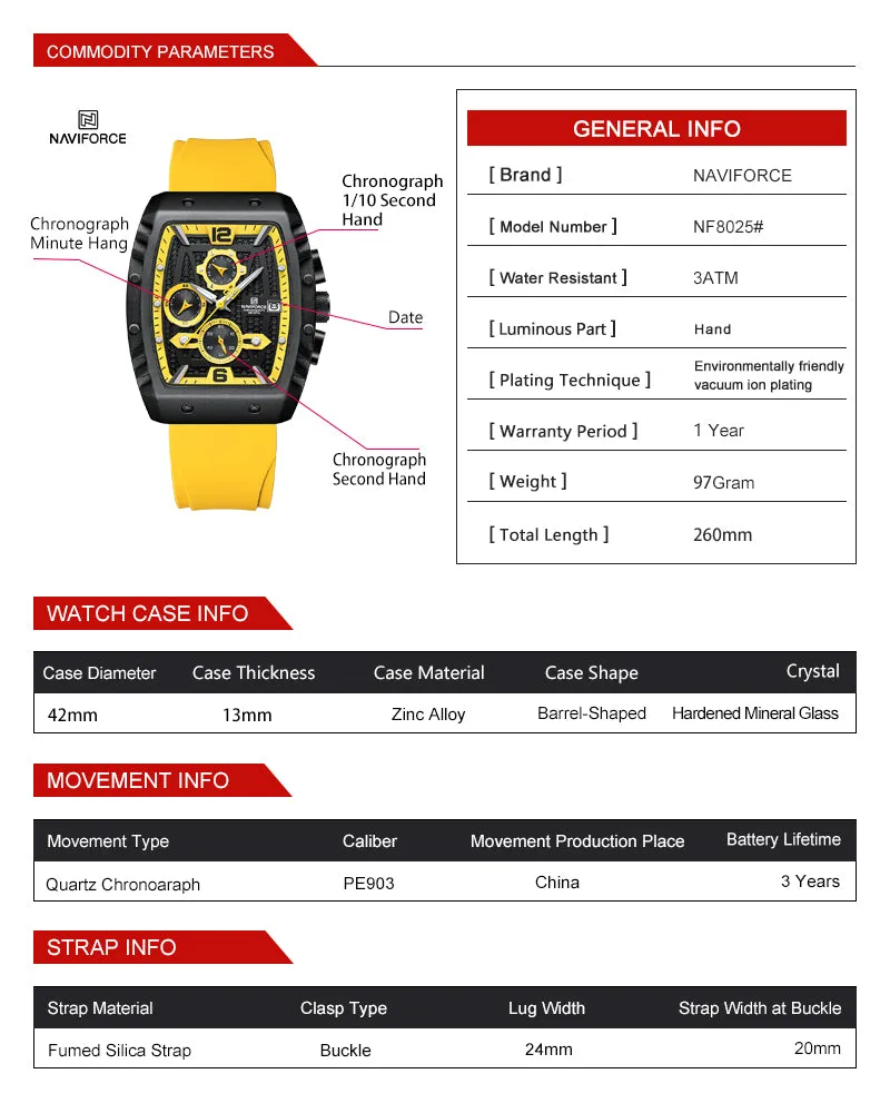 NAVIFORCE 8025 quartz watches with square case Chronograph Sport wrist watch for men