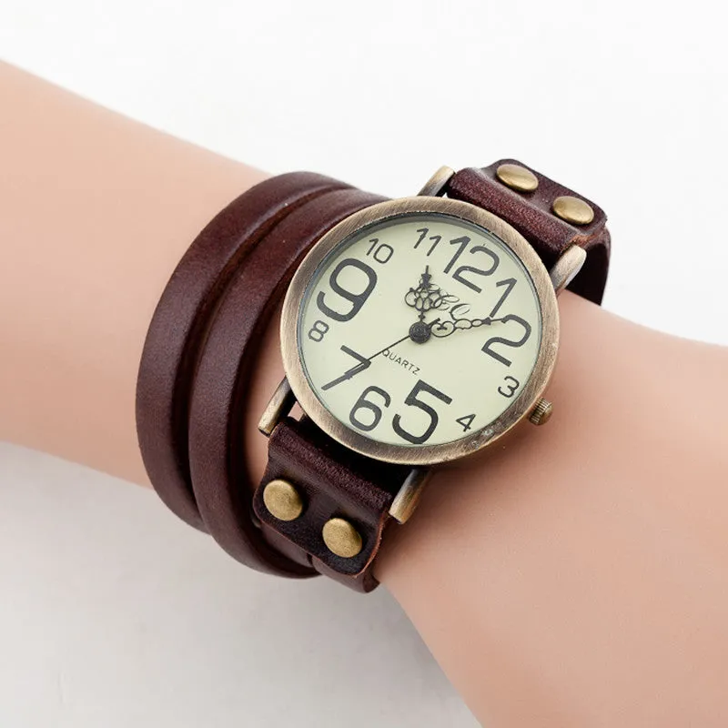 New Antique Watch Fashion Wrap Winding Vintage Watch Cow leather Bracelet Watches Ladies Women Wristwatches