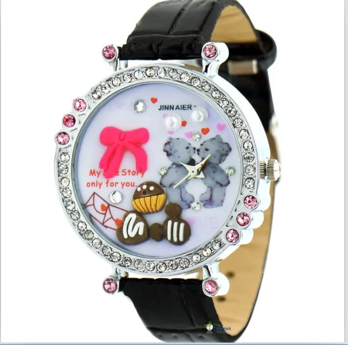 New Cute Cartoon DIY Watch For Children Pu Leather Strap Kids Girls Crystal Gift Quartz Watch