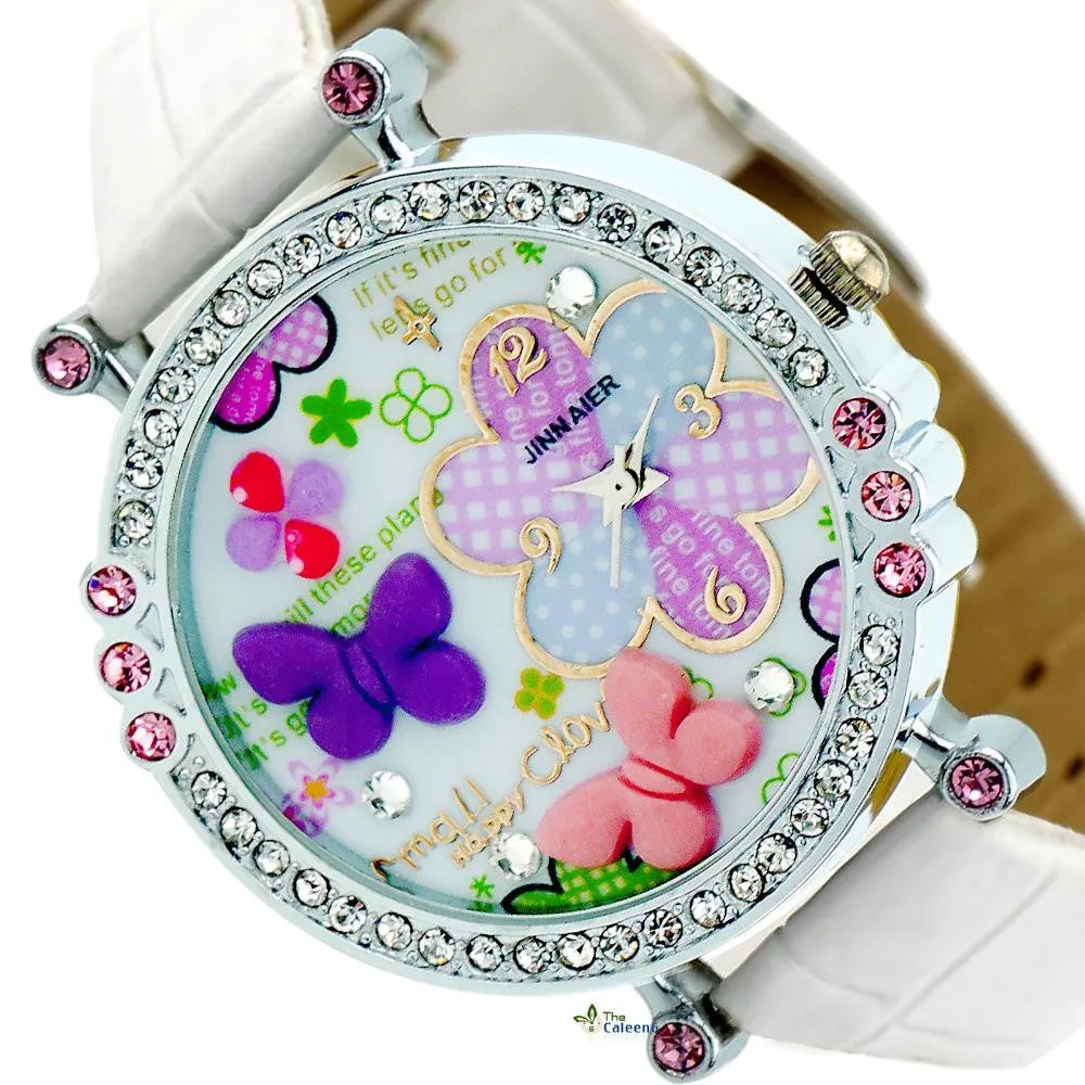 New Cute Cartoon DIY Watch For Children Pu Leather Strap Kids Girls Crystal Gift Quartz Watch