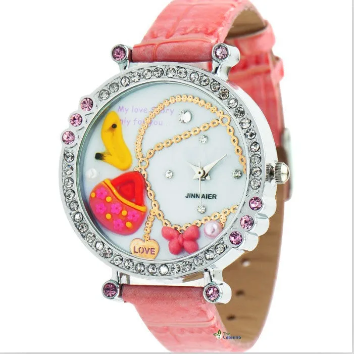 New Cute Cartoon DIY Watch For Children Pu Leather Strap Kids Girls Crystal Gift Quartz Watch