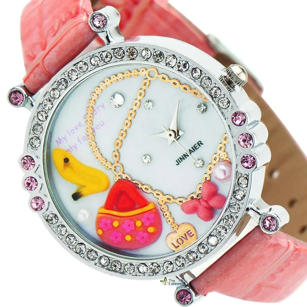 New Cute Cartoon DIY Watch For Children Pu Leather Strap Kids Girls Crystal Gift Quartz Watch