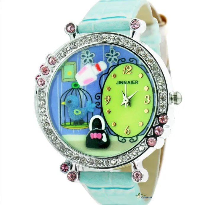 New Cute Cartoon DIY Watch For Children Pu Leather Strap Kids Girls Crystal Gift Quartz Watch