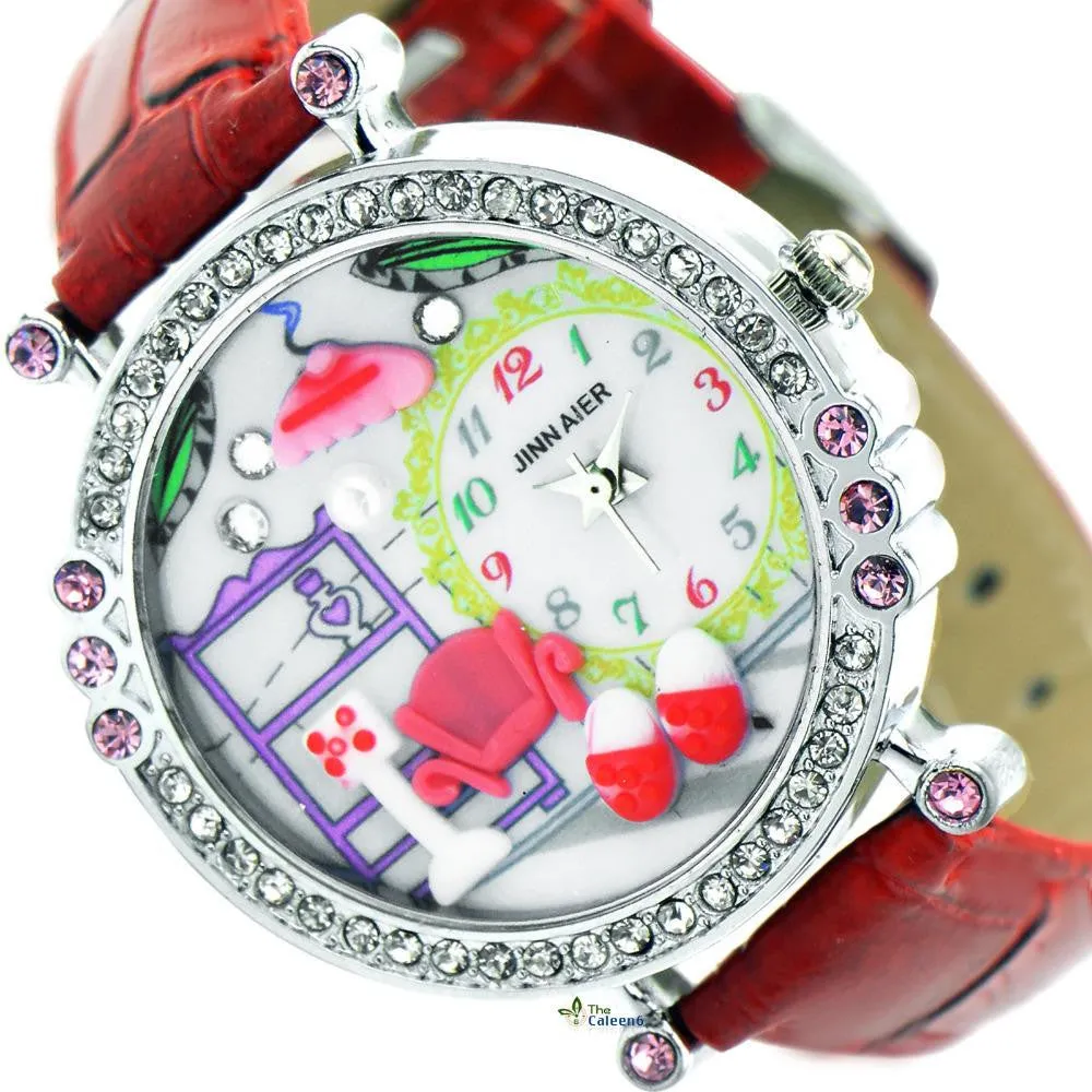 New Cute Cartoon DIY Watch For Children Pu Leather Strap Kids Girls Crystal Gift Quartz Watch