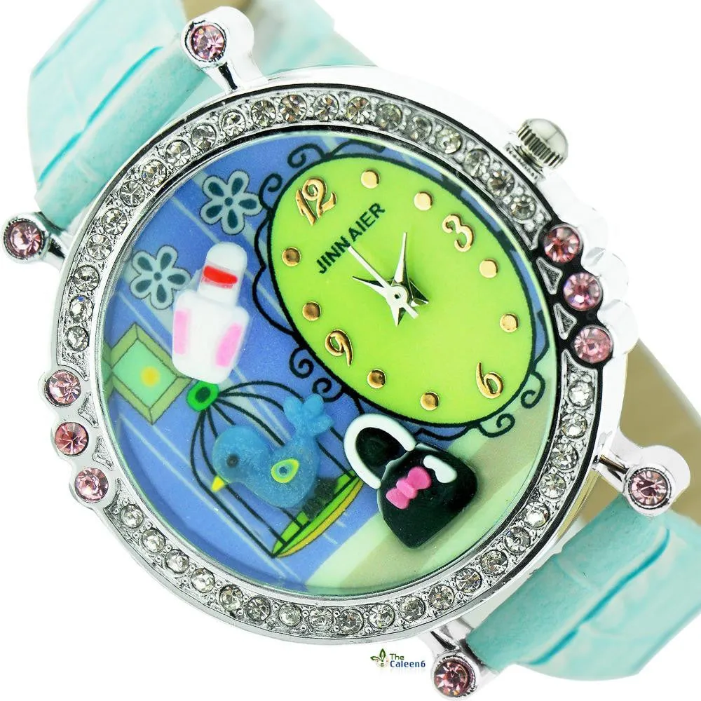 New Cute Cartoon DIY Watch For Children Pu Leather Strap Kids Girls Crystal Gift Quartz Watch