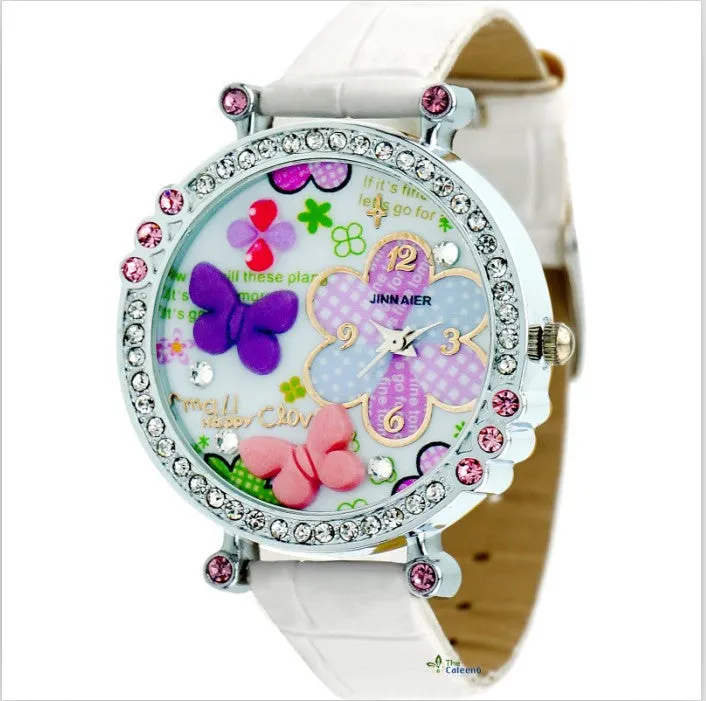 New Cute Cartoon DIY Watch For Children Pu Leather Strap Kids Girls Crystal Gift Quartz Watch