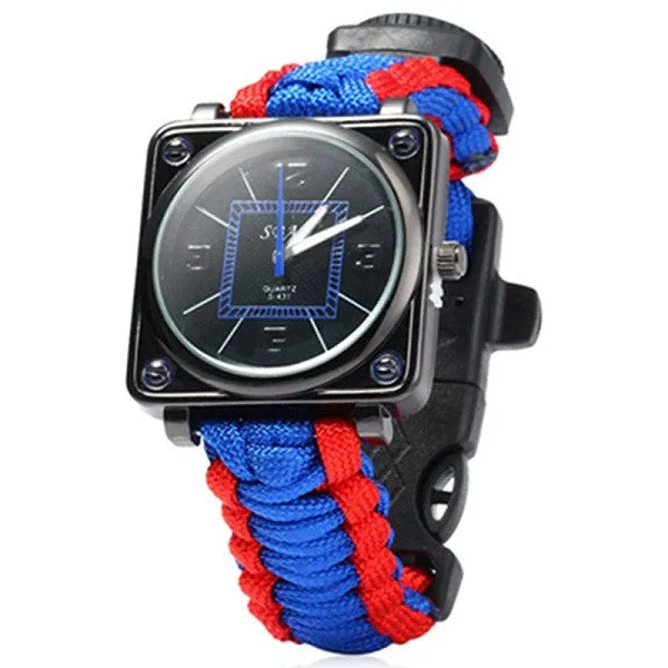 Outdoor Sport Men Watch Survival Gear Escape Cord Emergency Survival Bracelet Wristwatch Rope Flint Whistle Scraper Buckle