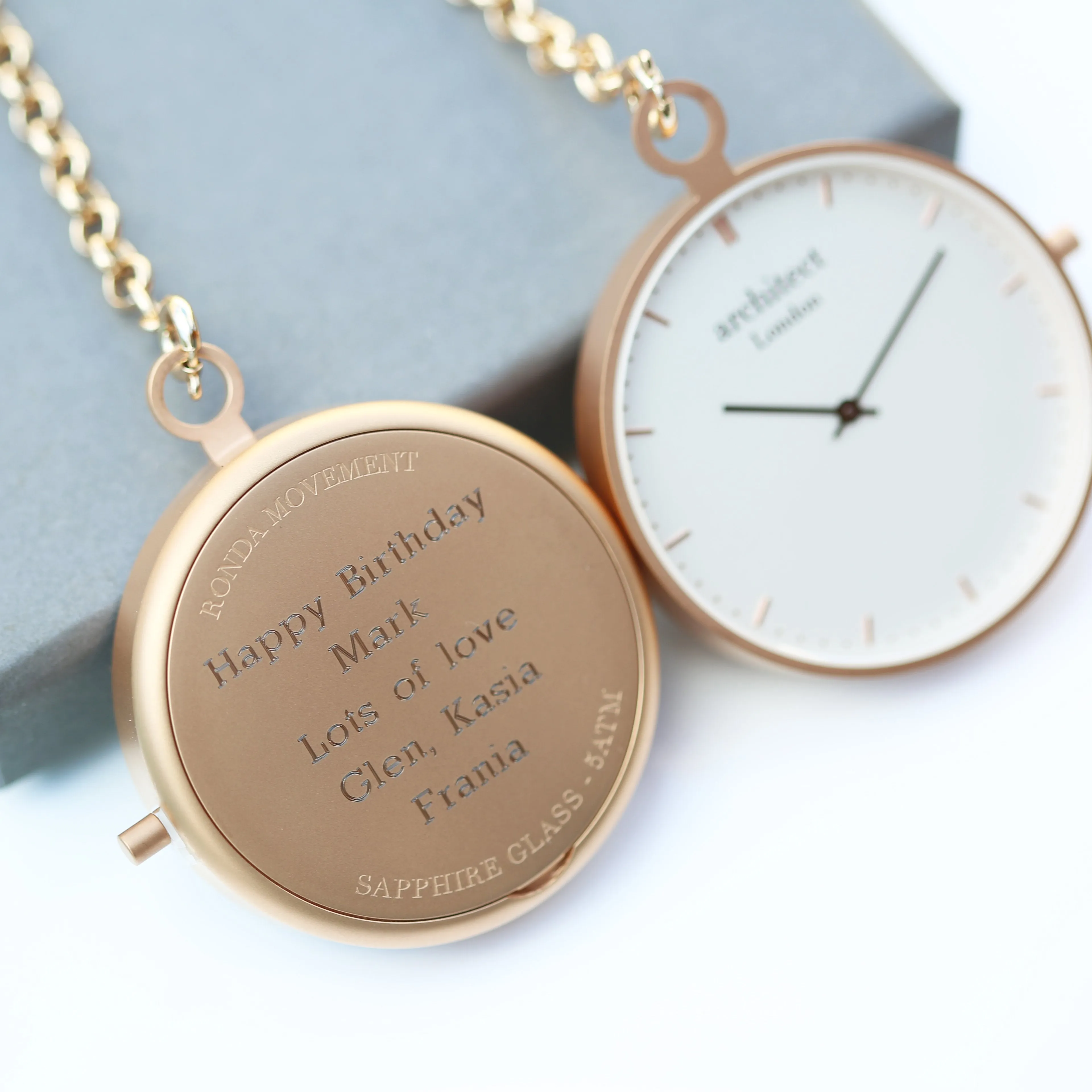 Personalised Modern Pocket Watch Rose Gold Modern Font Engraved