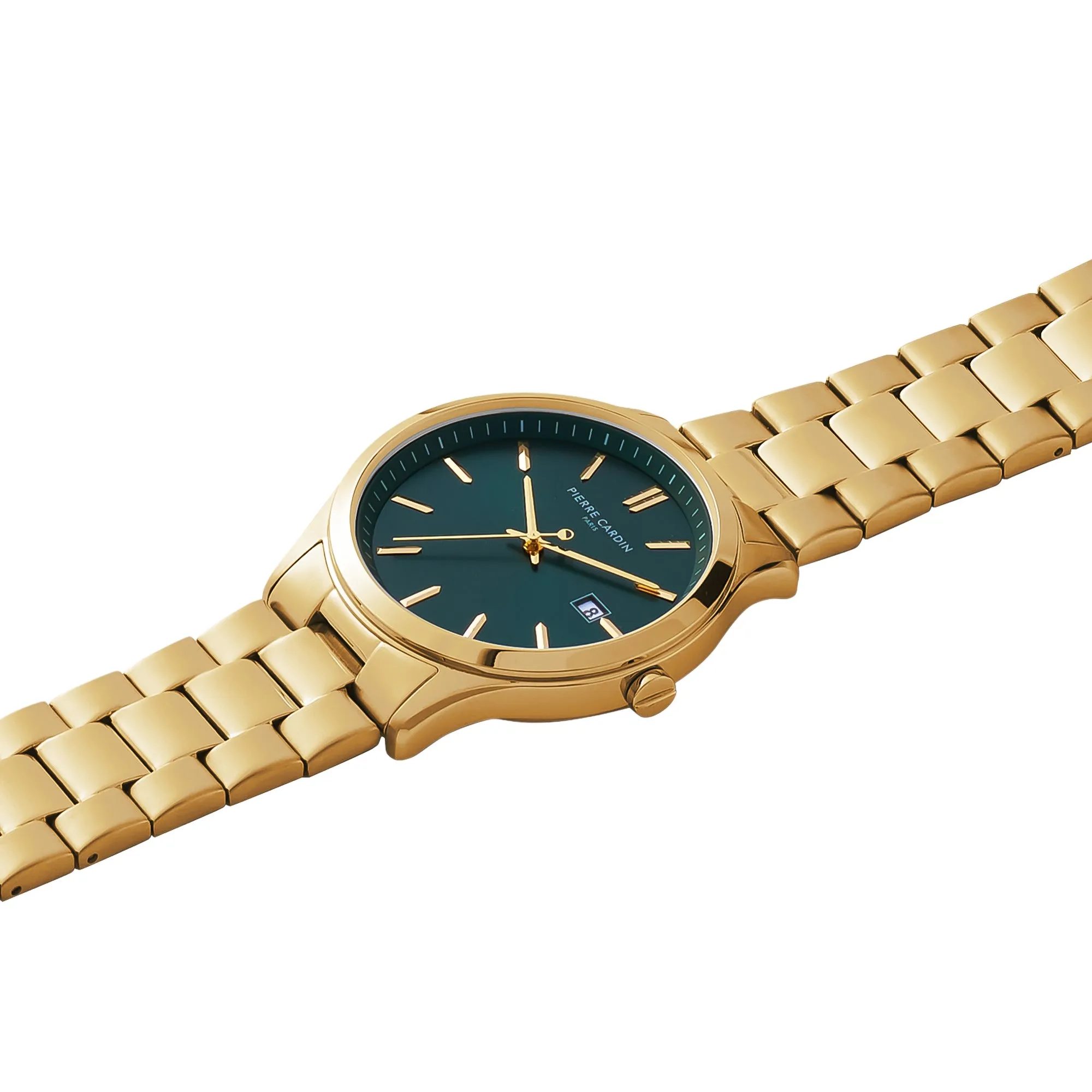 Épinettes Essential Gold Watch with Green Dial and Metal Links Strap