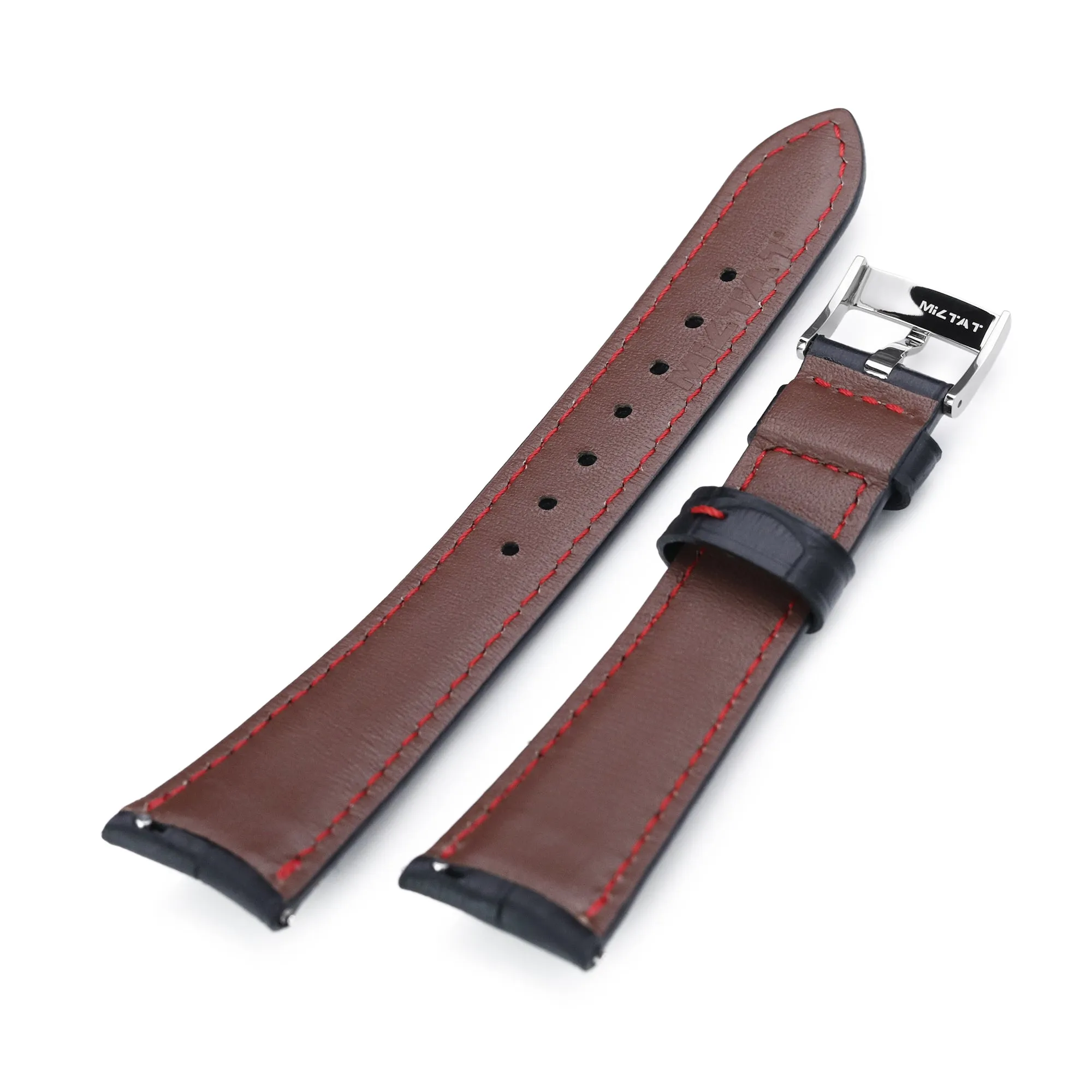 Q.R. 19mm Black CrocoCalf (Croco Grain) Semi-Curved Watch Band, Red Stitch.