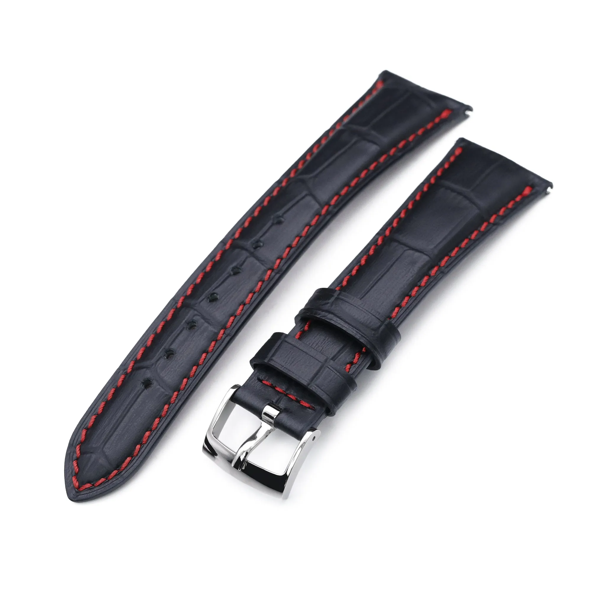 Q.R. 19mm Black CrocoCalf (Croco Grain) Semi-Curved Watch Band, Red Stitch.