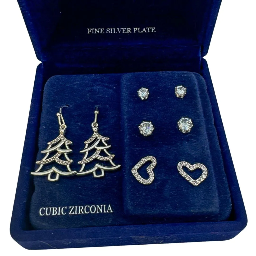 RH Macy Fine Silver Plated Cubic Zirconia Christmas Tree Earring Set