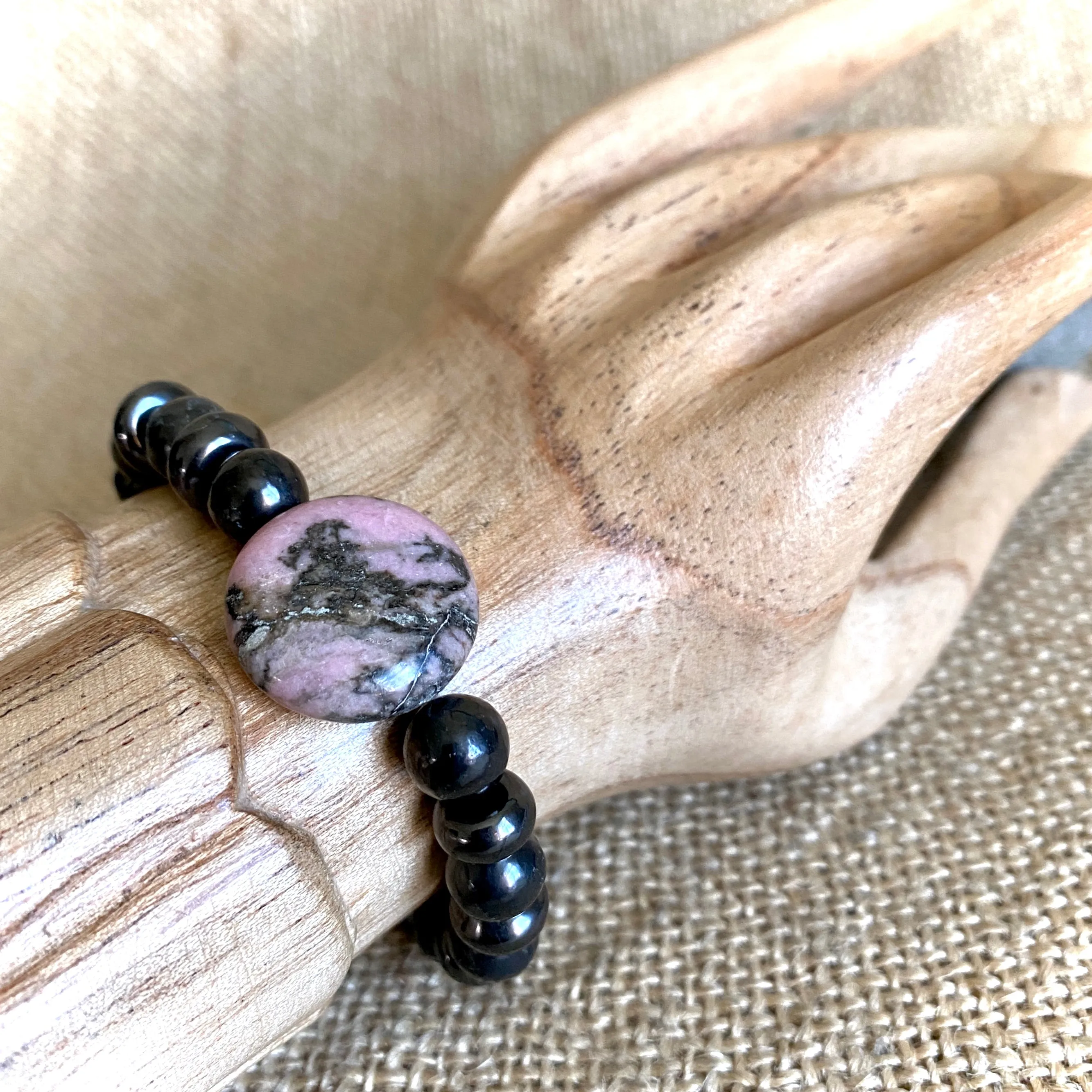 Shungite Bracelet, Rhodonite Focal Plus Two Types Shungite Beads