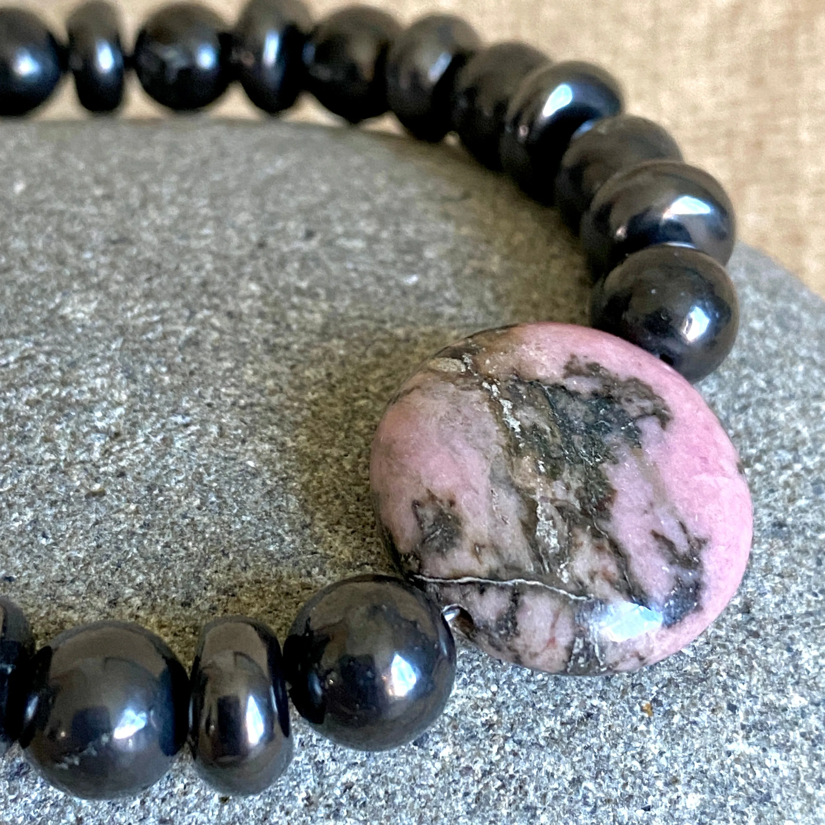 Shungite Bracelet, Rhodonite Focal Plus Two Types Shungite Beads