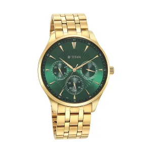 Titan Men's Opulent III Collection Analog Watch, Green Dial & Golden Stainless Steel Strap,90127YM05