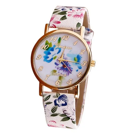 Watch Women Trendy Fashion Flower Patterns Dress Watches Female Hour Leather Lady Dress Analog Quartz Vogue Clock Relogio