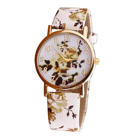 Watch Women Trendy Fashion Flower Patterns Dress Watches Female Hour Leather Lady Dress Analog Quartz Vogue Clock Relogio