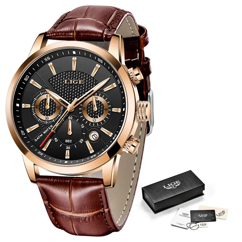 Watches Mens New LIGE Top Brand Luxury Casual Leather Quartz Men's Watch Business Clock Male Sports Waterproof Date Chronograph