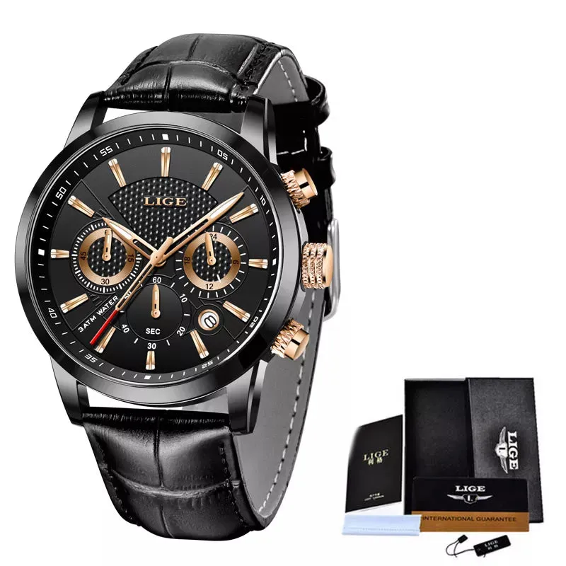 Watches Mens New LIGE Top Brand Luxury Casual Leather Quartz Men's Watch Business Clock Male Sports Waterproof Date Chronograph