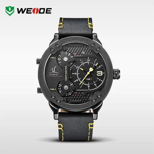 WEIDE Universe 3 Time Zones Watch Men Sport Water Resistant 3ATM Men's Quartz Movement Military Original Leather Strap Watches