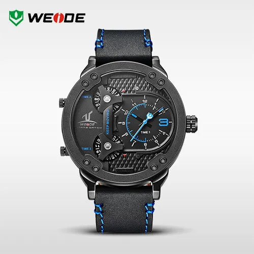 WEIDE Universe 3 Time Zones Watch Men Sport Water Resistant 3ATM Men's Quartz Movement Military Original Leather Strap Watches