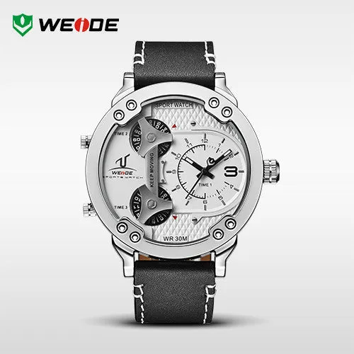 WEIDE Universe 3 Time Zones Watch Men Sport Water Resistant 3ATM Men's Quartz Movement Military Original Leather Strap Watches