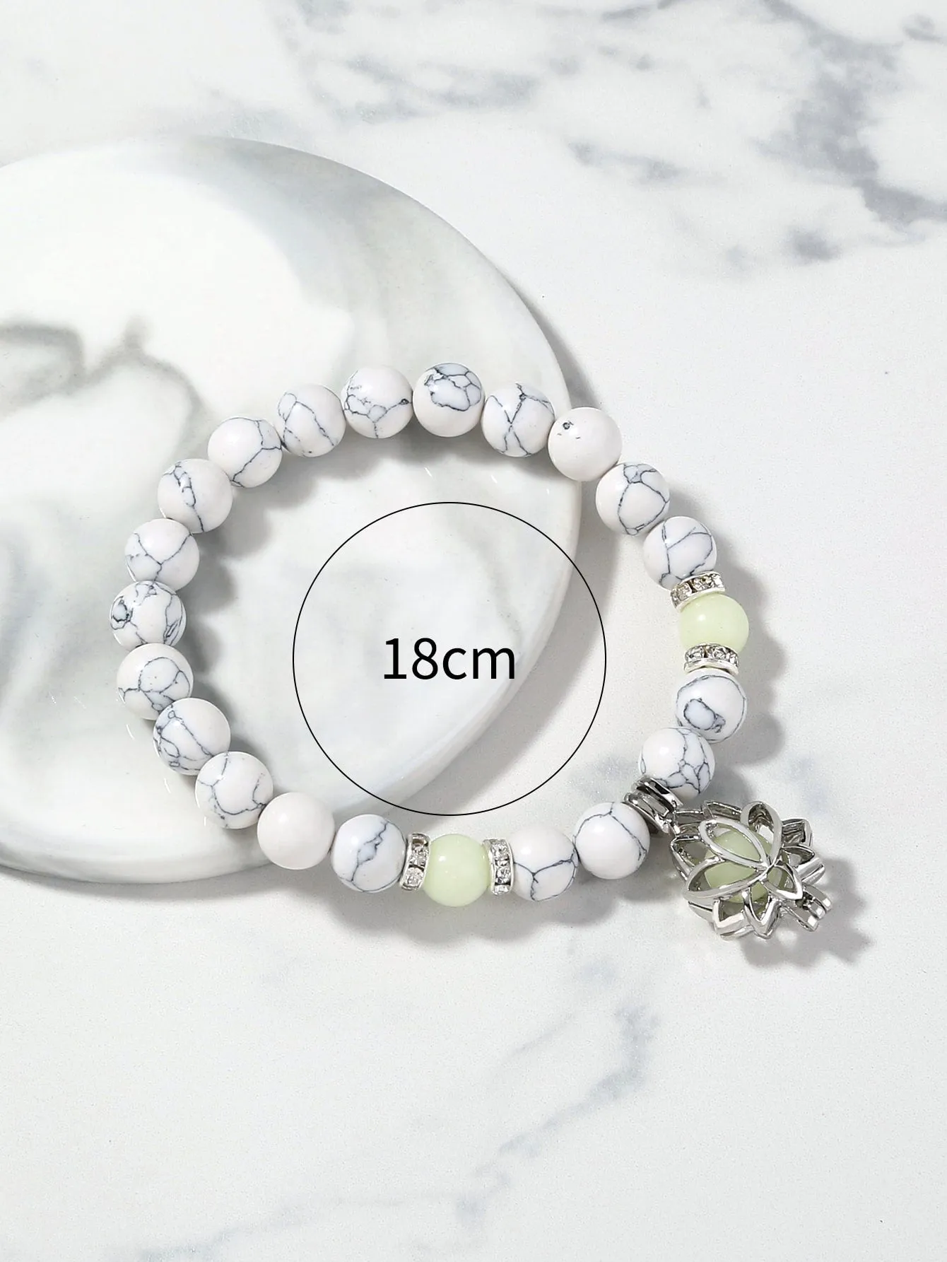 White Marble Pattern Glow In The Dark Flower Charm Beaded Bracelet Boho Crafted