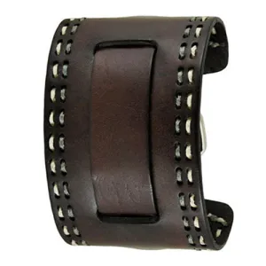 White/Grey Double Stitched Dark Brown Wide Leather Cuff Band