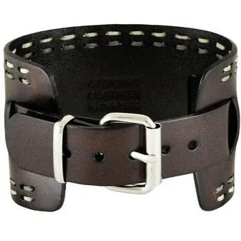 White/Grey Double Stitched Dark Brown Wide Leather Cuff Band